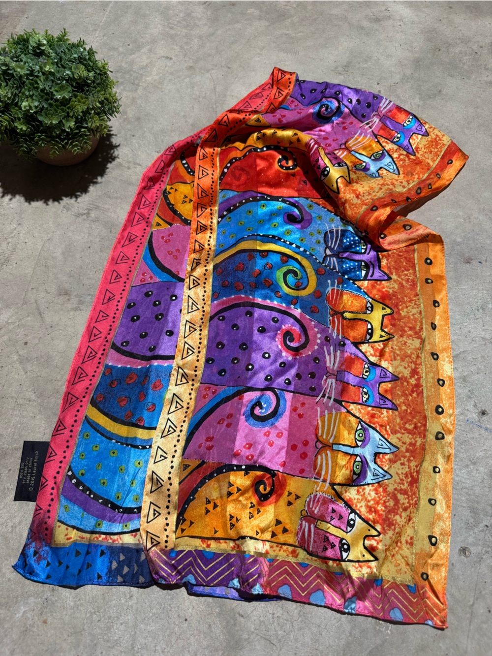 Laurel Burch 100% Silk Cat Print Scarf Colorful Rainbow Eclectic Art Deco